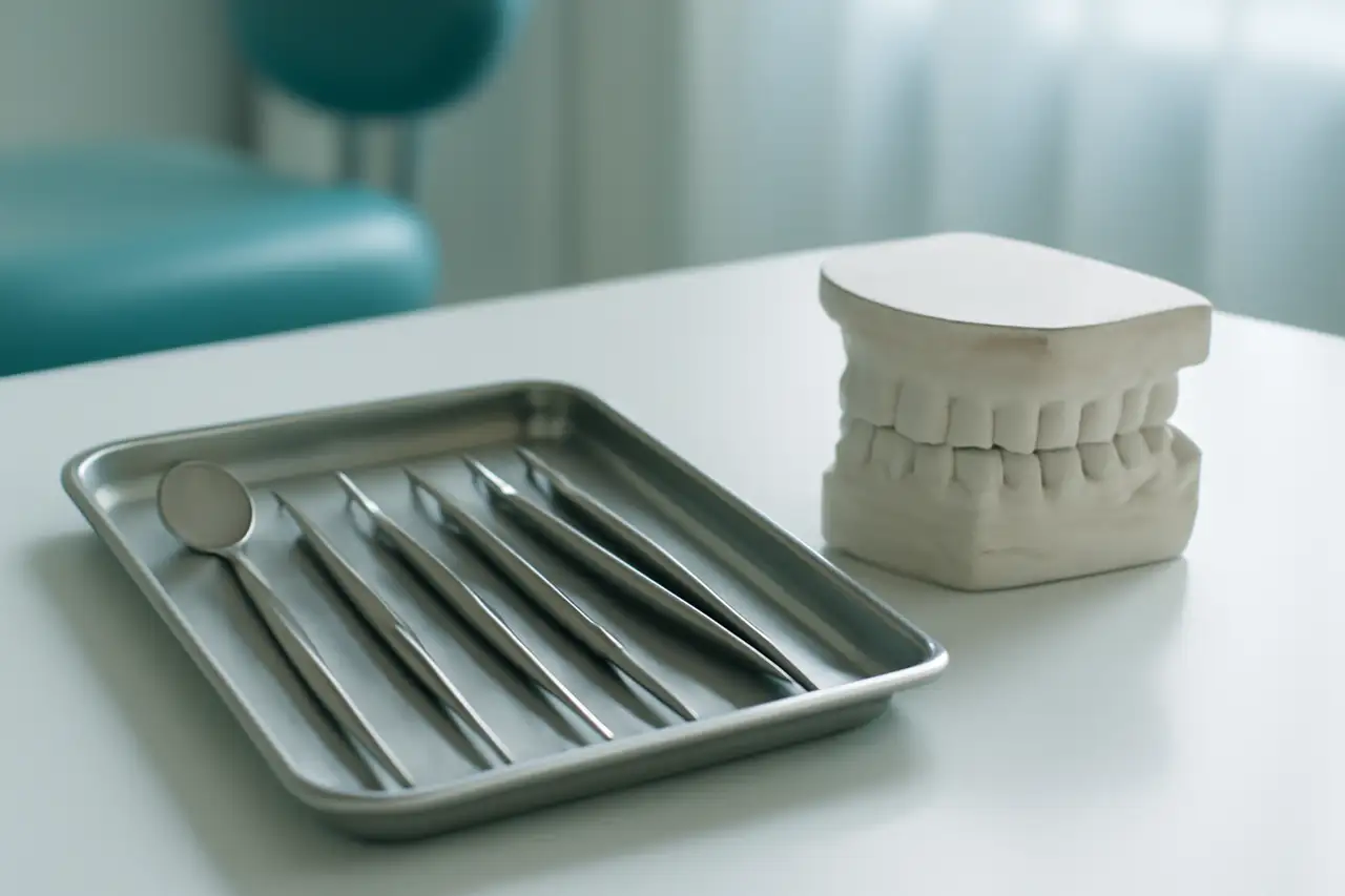 Sterile Instrumente und ein Kiefermodell auf heller Ablage